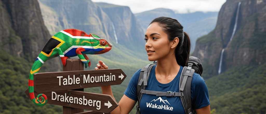 Smiling female hiker with WakaHike shirt and South African-flag chameleon – Hiking Trails South Africa