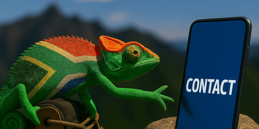 South African flag chameleon reaching for cellphone with the word CONTACT on the Wakahike contact page.