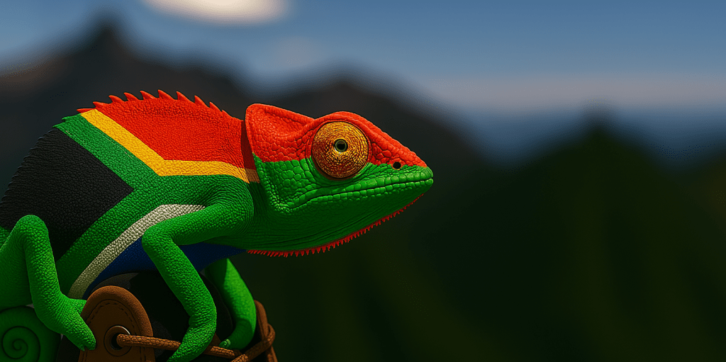 Vibrant South African flag chameleon mascot reaching for a smartphone, symbolizing Wakahike's easy access to South African hikes.